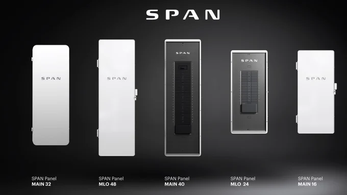 The expanded SPAN Panel family, showcasing MAIN 32, MLO 48, MAIN 40, MLO 24, and MAIN 16.