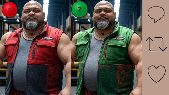 A rugged bearded bear with a paw tattoo on his chest, wearing a work vest and gray tank top, stands in a warehouse among the shelves. His gaze is confident, hungry, as if he’s searching not only for boxes but also for someone to quench his thirst. The atmosphere is a mix of labor, raw strength, and hidden desire.