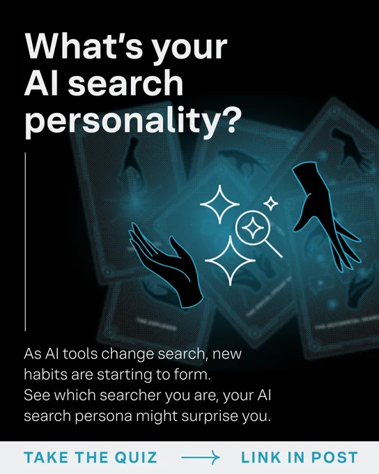 Promotional graphic for an online quiz titled "What's your AI search personality?" featuring icons of a hand, a star, and a rocket. The text encourages taking the quiz with a link provided in the post.