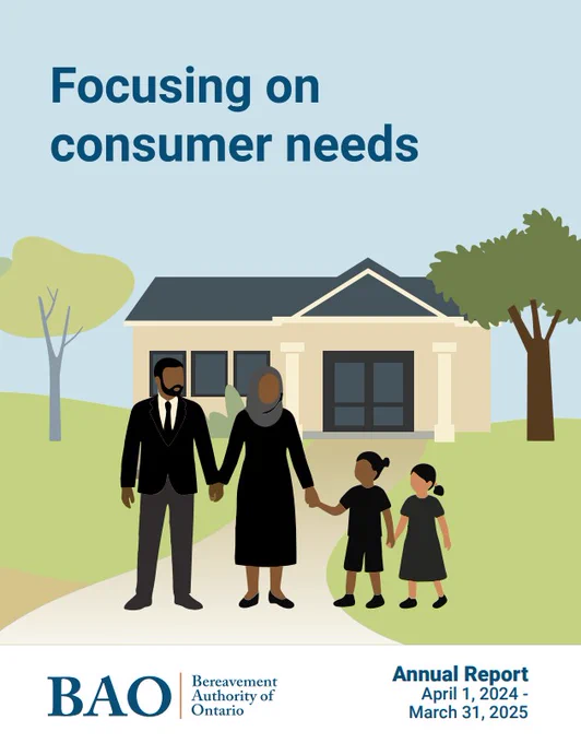 The cover of our BAO Annual Report shows a family at a funeral home.