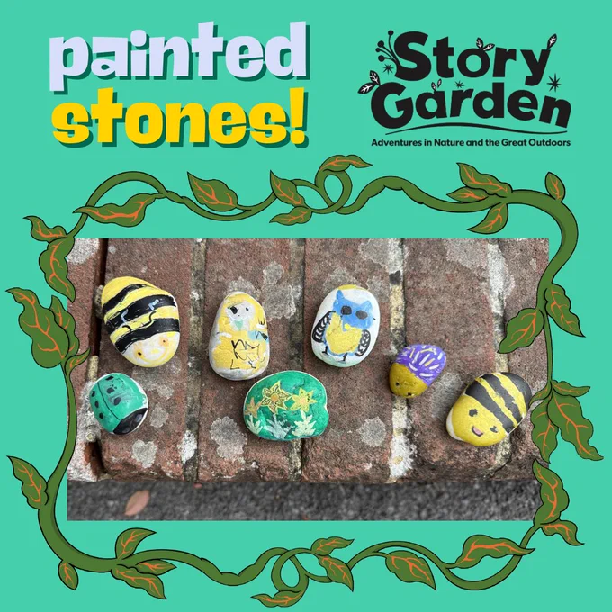 An image of 7 painted stones, with various nature themed designs. Around the photo is a border of leaves. Above the image is the Story Garden Summer Reading Challenge logo.