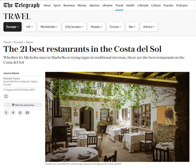 Artículo de The Telegraph donde sale un listado de referentes malagueños entre los que está Arte de Cozina.