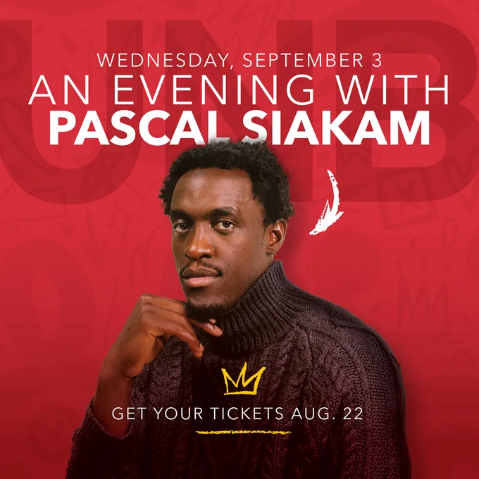 Promotional image for 'An Evening with Pascal Siakam' event on Wednesday, September 3. Pascal Siakam is featured against a red background, wearing a ribbed sweater, with event details including ticket availability starting August 23.