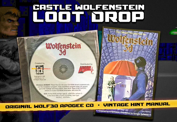 Castle Wolfenstein Loot Drop giveaway image showing a Wolfenstein 3D Apogee CD and vintage hint manual with a bold yellow banner.