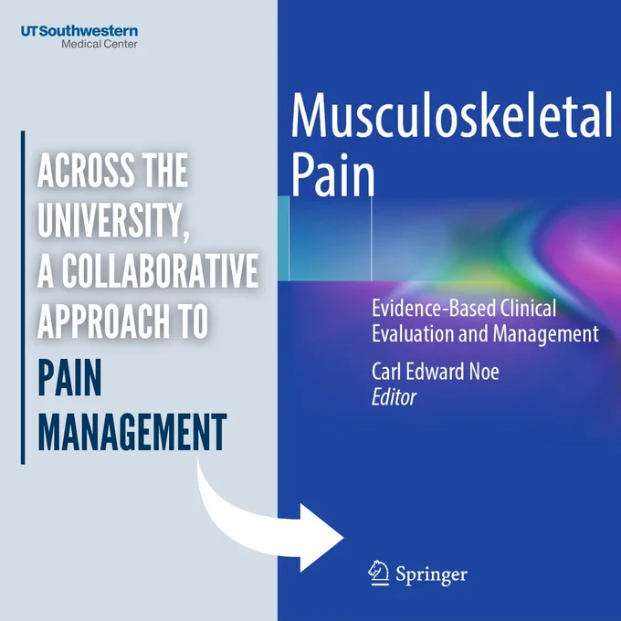 Photo of Musculoskeletal Pain book cover and text "across the university, a collaborative approach to pain management"