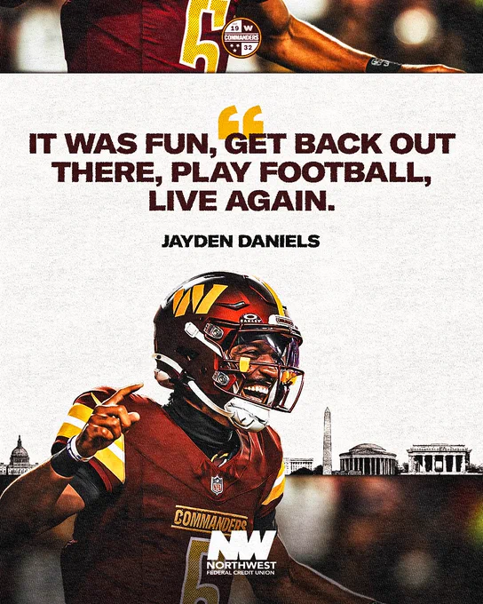 Quote graphic. It reads, “It was fun, get back out there, play football, live again.” - Jayden Daniels. Below the quote is a photo of Jayden Daniels during the Bengals game. 