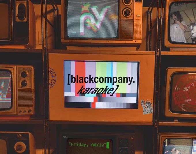 Three CRT television screens displaying the ProdYakkai logo, “[blackcompany.karaoke], and “Friday, 8/22”