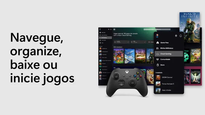 Texto ao lado de uma foto de um controle sem fio Xbox na frente de capturas de tela estilizadas do aplicativo Xbox no computador e no celular que diz: "navegar, organizar, baixar ou iniciar jogos".
