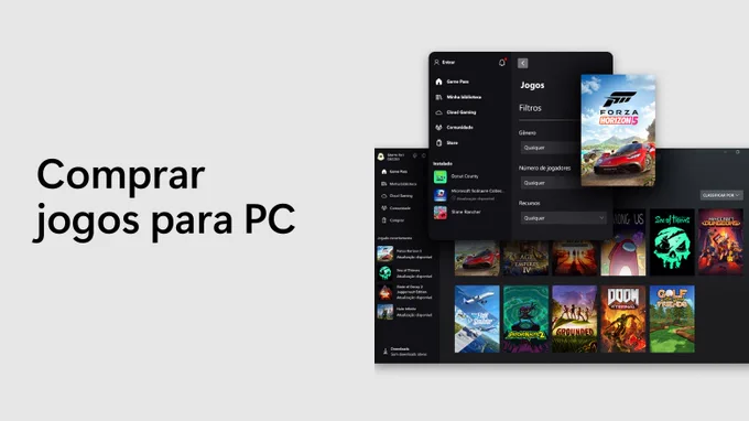 Texto ao lado de capturas de tela estilizadas do aplicativo Xbox no computador e celular que diz: "comprar jogos para computador".
