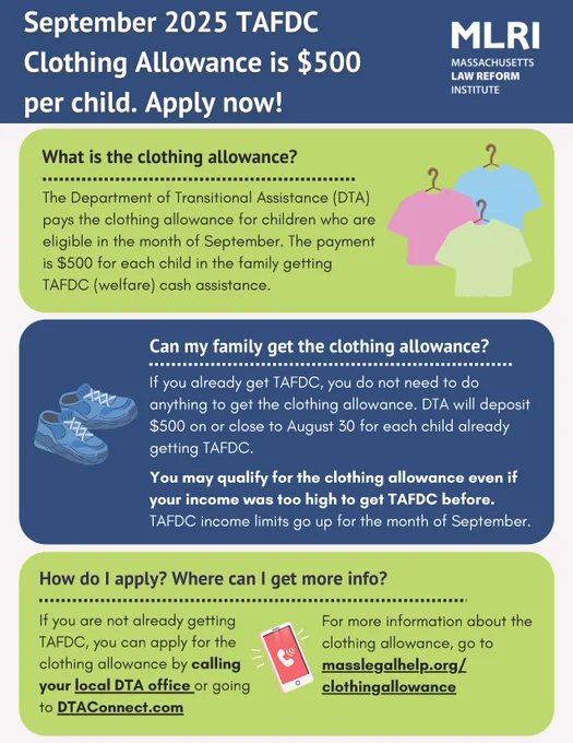 This image is a flier with information about the 2025 TAFDC September Clothing Allowance. Learn more at https://www.masslegalhelp.org/public-benefits-ssi/tafdc/what-tafdc-september-clothing-allowance