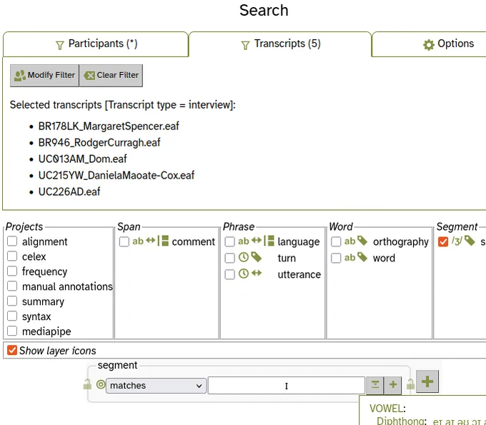 Search page now with tabs at the top for Participant/Transcript filters and Options, layers now with optional icons showing their alignment and type