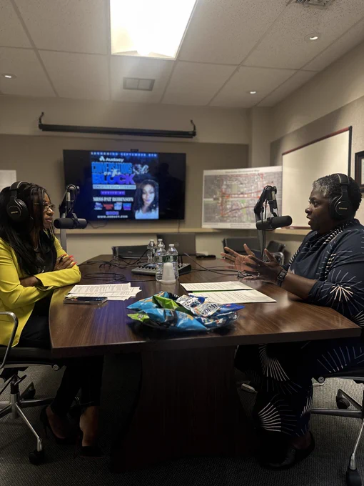S B S Commissioner Dynishal Gross talking with Patricia Robinson at a recording session for Conversations on the Block