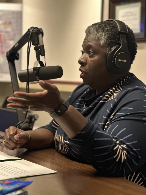 S B S Commissioner Dynishal Gross talking during a recording session for Conversations on the Block