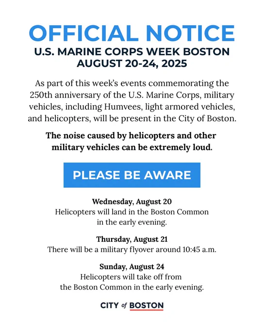 graphic with text: official notice: US Marine Corps Week in Boston will have events through Aug 24 