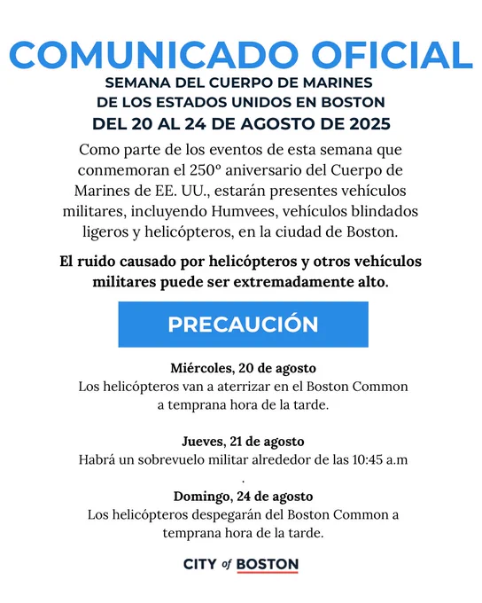 graphic with text: official notice: US Marine Corps Week in Boston will have events through Aug 24 