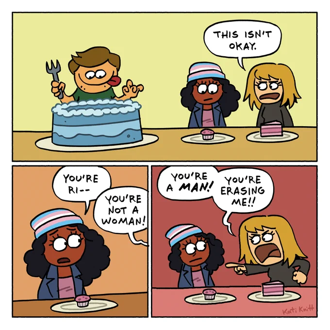 A comic showing a white man with a giant cake, a black trans woman with a small cupcake and a white cis woman with a small piece of cake. 
Cis woman: "This isn't okay."
Trans woman: "You're ri--"
Cis woman (at the trans woman): "You're not a woman! You're a man! You're erasing me!!"


A comic showing a white man with a giant cake, a black trans woman with a small cupcake and a white c!s woman with a small piece of cake. 
C!s woman: "This isn't okay."
Trans woman: "You're ri--"
C!s woman (at the trans woman): "You're not a woman! You're a man! You're erasing me!!"