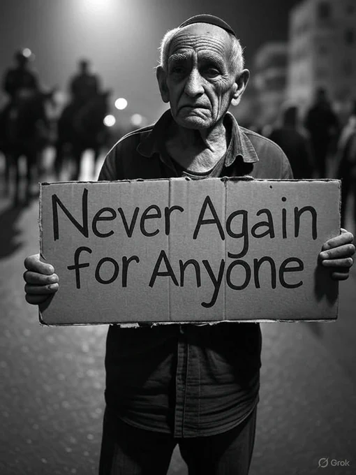 Black-and-white image of an elderly man at a street protest in Tel Aviv. He holds a cardboard sign that reads: “Never Again for Anyone.” His expression is solemn and determined. Behind him, blurred figures of police and protest banners are visible. The photo evokes memory, conscience, and the enduring call for truth.