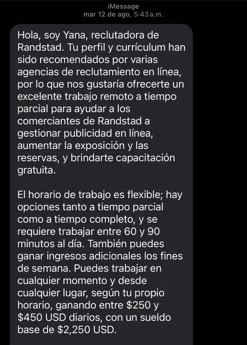 Captura de pantalla de un mensaje (evidentemente falso) que me ofrece un trabajo “flexible y bien pagado” supuestamente porque mi perfil “ha sido recomendado por varias agencias de reclutamiento en línea” jajaja