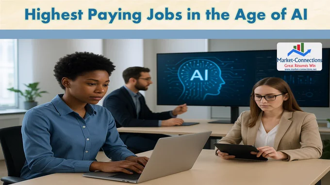 Diverse team of professionals working with artificial intelligence technology in a modern office, representing the highest paying AI jobs and careers in the age of AI. There is also a logo from Market-Connections Resume Services, outlining https://www.market-connections.net.