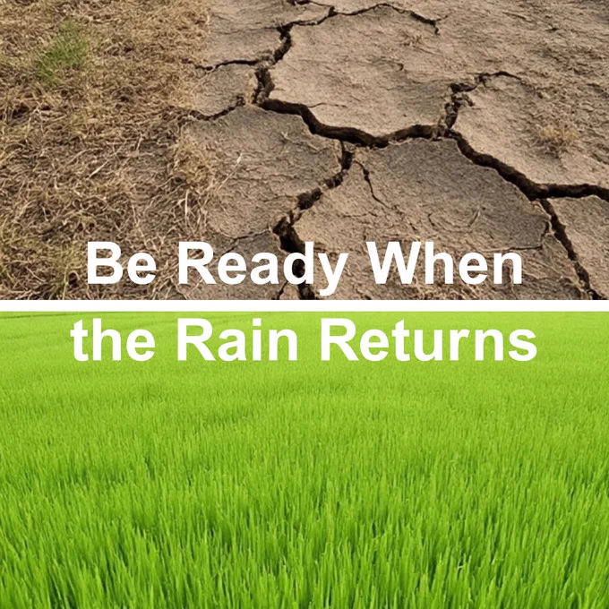 An image divided horizontally, showing cracked dry earth on the top and lush green rice paddy on the bottom, with the text "Be Ready When the Rain Returns" overlaying the center.