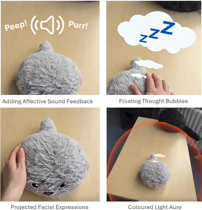 A series of photographs showing the AZRA system overlaying new interactive elements on a simple robot pet toy