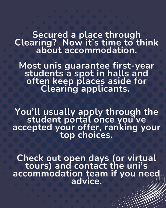Text on a gradient blue background about securing accommodation through a university and contacting the student advice team for further assistance.