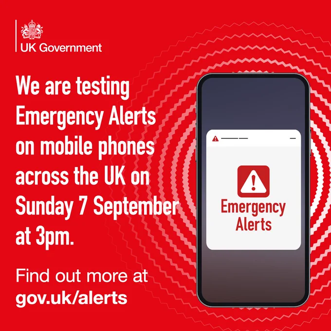Red graphic - UK Government announces testing of Emergency Alerts on mobile phones across the UK on Sunday 7 September at 3pm with a red warning symbol on a phone screen.