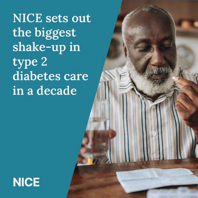 A man taking SGLT-2 inhibitor medication. Overlaid text reads: NICE sets out the biggest shake-up in type 2 diabetes care in a decade
