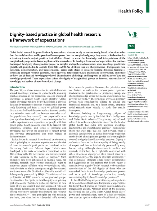 The first page of an article titled "Dignity-based practice in global health research: a framework of expectations"