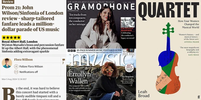 A collection of pieces of writing about classical music, including a review article by Flora Willson, the front covers of Gramophone and BBC Music Magazine, and Quartet by Leah Broad