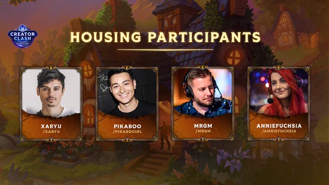 An image spotlighting the participants in the Creator Clash Housing Showcase.

The four Creators and their Twitch tags are posted as follows:
- Xaryu (/Xaryu)
- Pikaboo (/PikabooIRL)
- MrGM (/MrGM)
- AnnieFuchsia (/AnnieFuchsia)

In the background of the image, a preview of the housing art is showcased. The logo for the gamescom Creator Clash is featured in the top left corner of the image.