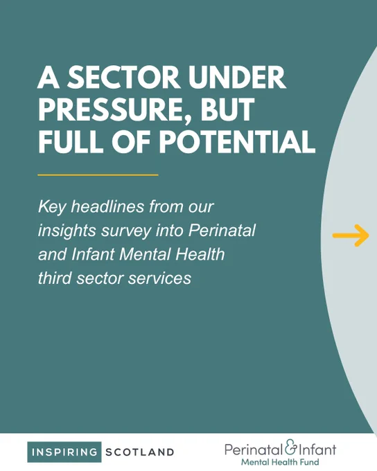 Title graphic introducing A sector under pressure, but full of potential - Key headlines from our insights survey into Perinatal and Infant Mental Health third sector services. Text is on teal background with an arrow pointing to the right, showing the viewer to click on the next image to read more.
