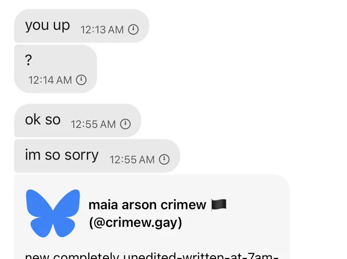 maia sending me dms on signal:
"you up"
"?"
then 40 minutes later:
"ok so"
"im so sorry"
a link to the blog post
