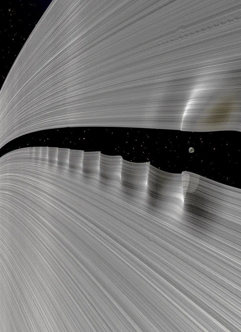 Daphnis in the Keeler Gap.
Rendered with Autodesk Maya and Adobe Photoshop by Kevin Gill.