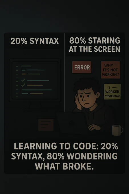 Dark-themed infographic split into two parts. Left side shows a neat code editor with the label '20% Syntax.' Right side shows a tired, frustrated programmer at a laptop surrounded by red error messages, sticky notes, and warning icons, labeled '80% Staring at the screen.' Overlay text reads: 'Learning to code: 20% syntax, 80% staring at the screen wondering what broke