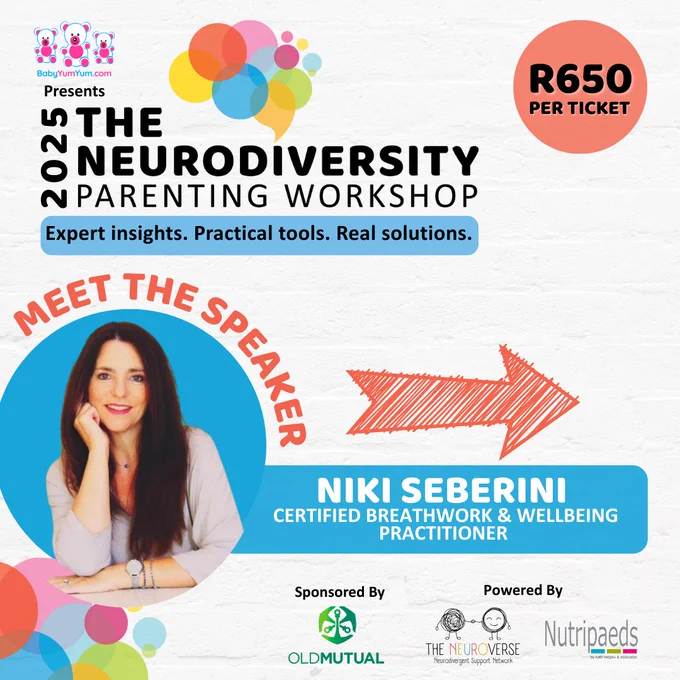 Expert insights. Practical tools. Real solutions.💙 Join us with @Seberini  who is a certified Breathwork & Wellbeing Practitioner, for two transformative mini-sessions at the Neurodiversity Parenting Workshop.  This year’s Neurodiversity Parenting Workshop brought to you by BabyYumYum sponsored by @OldMutualSA  in partnership with The Neuroverse and Nutripaeds.