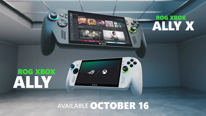 The ROG Xbox Ally X and ROG Xbox ALLY are shown floating in a modern empty room. The names of each unit are shown respectively next to them. Text at the bottom reads: "Available October 16."