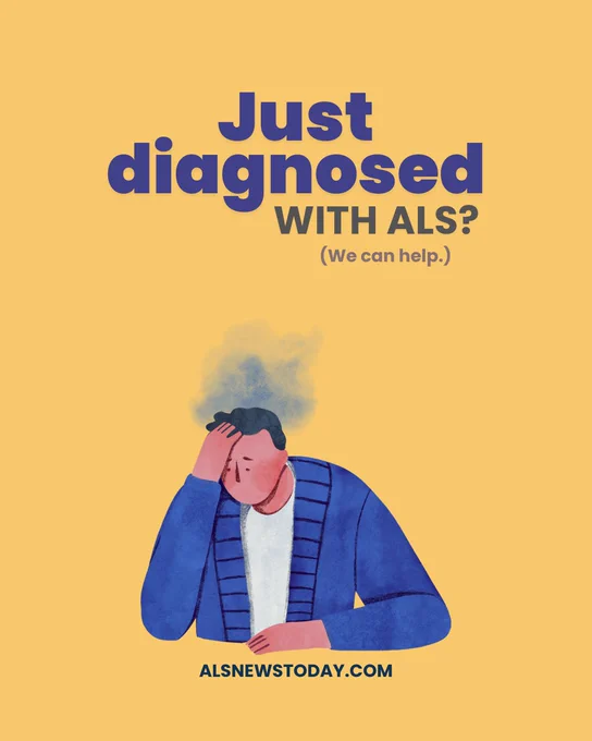 A person appears troubled and rests their head on their hand. The words "Just diagnosed with ALS? (We can help.) are situated above. "ALSNewsToday.com" is noted as source at bottom. 