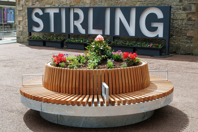 The new sign spelling out Stirling in the square across from Stirling train station