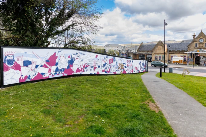 A picture of David Galletly's 30ft long artwork in Stirling city centre across from Stirling train station