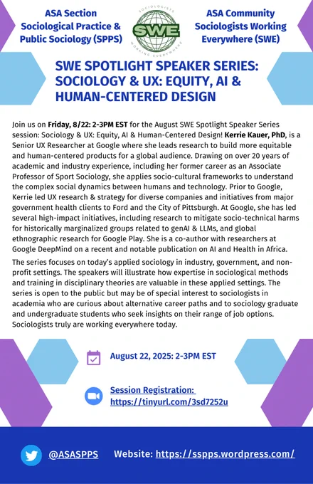 Zoom Registration: https://american.zoom.us/meeting/register/8xggIxcBRamonJJ2faAphQ

Join us this Fri, 8/22: 2-3PM EST for our next SWE Spotlight Speaker series! Kerrie Kauer, PhD, is a Senior UX Researcher at Google where she leads research to build more equitable and human-centered products for a global audience. Drawing on over 20 years of academic and industry experience, including her former career as an Associate Professor of Sport Sociology, she applies socio-cultural frameworks to understand the complex social dynamics between humans and technology.