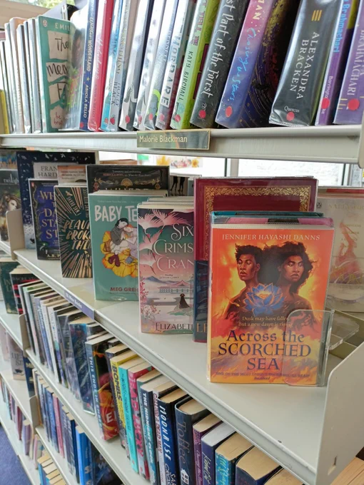 Photograph of a shelf of books with the books angled with the covers facing outwards. Book titles include Across the Scorched Sea by Jennifer Hayashi Danns, Six Crimson Cranes by Elizabeth Lim, Baby Teeth by Meg Grehan, and Beautiful Broken Things by Sarah Barnard. 