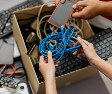 A box of older electronics with two people looking inside. 