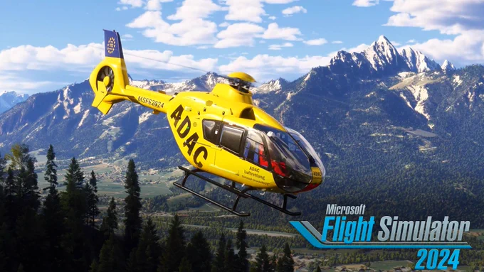 Image of a yellow ADAC rescue helicopter flying over a lush green valley with mountains in the background, promoting Microsoft Flight Simulation 2024.