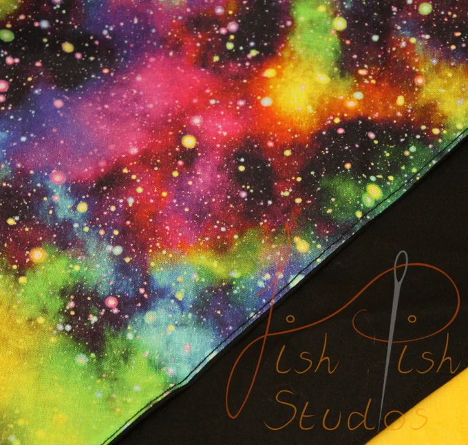 galactic flavour bandanas! This one has a black backing, available in the etsy store