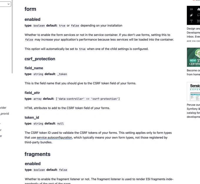 A screenshot of the Symfony framework reference page before the design change. The config options like "csrf_protection" or "token_id" only dispaly their names, not their full config paths.