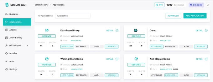 "Applications" Page in SafeLine Control Panel