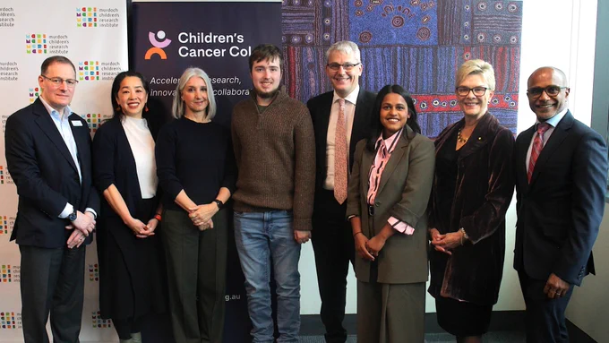 Professor David Eisenstat, Associate Professor Michelle Yong, Karen and Marco, Minister Danny Pearson, Dr Udani Reets, Professor Kathryn North and Professor Mark Dawson at MCRI for the announcement. 