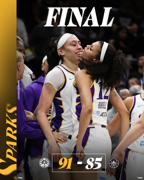 Final score graphic: Sparks 91, Storm 85. 