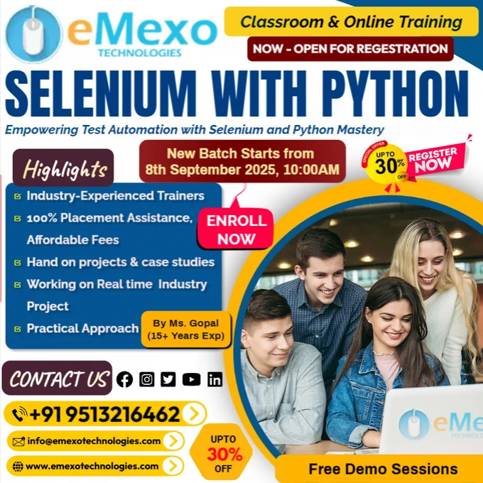 Selenium with Python Training in Electronic City, Bangalore 💻 – eMexo Technologies!
Calling All Future Automation Test Engineers!
Are you ready to launch your career in Automation Testing, QA Engineering, and Test Framework Development? Whether you’re a fresher or a working professional, eMexo Technologies is your trusted destination to master Selenium with Python in Electronic City, Bangalore.
🎯Why Choose eMexo Technologies for Selenium with Python Training in Electronic City, Bangalore?
🛠️Hands-On Selenium Projects
Work on real-time automation projects including web application testing, hybrid frameworks, data-driven testing, BDD with Behave, PyTest frameworks, and CI/CD pipeline integration.
👨‍🏫Expert Mentorship
Learn directly from Automation Testing Professionals with 10  years of experience in Selenium, Python, and QA Automation.
📈100% Placement Assistance
Gain access to job referrals, interview coaching, and one-on-one career mentorship with our dedicated placement team.